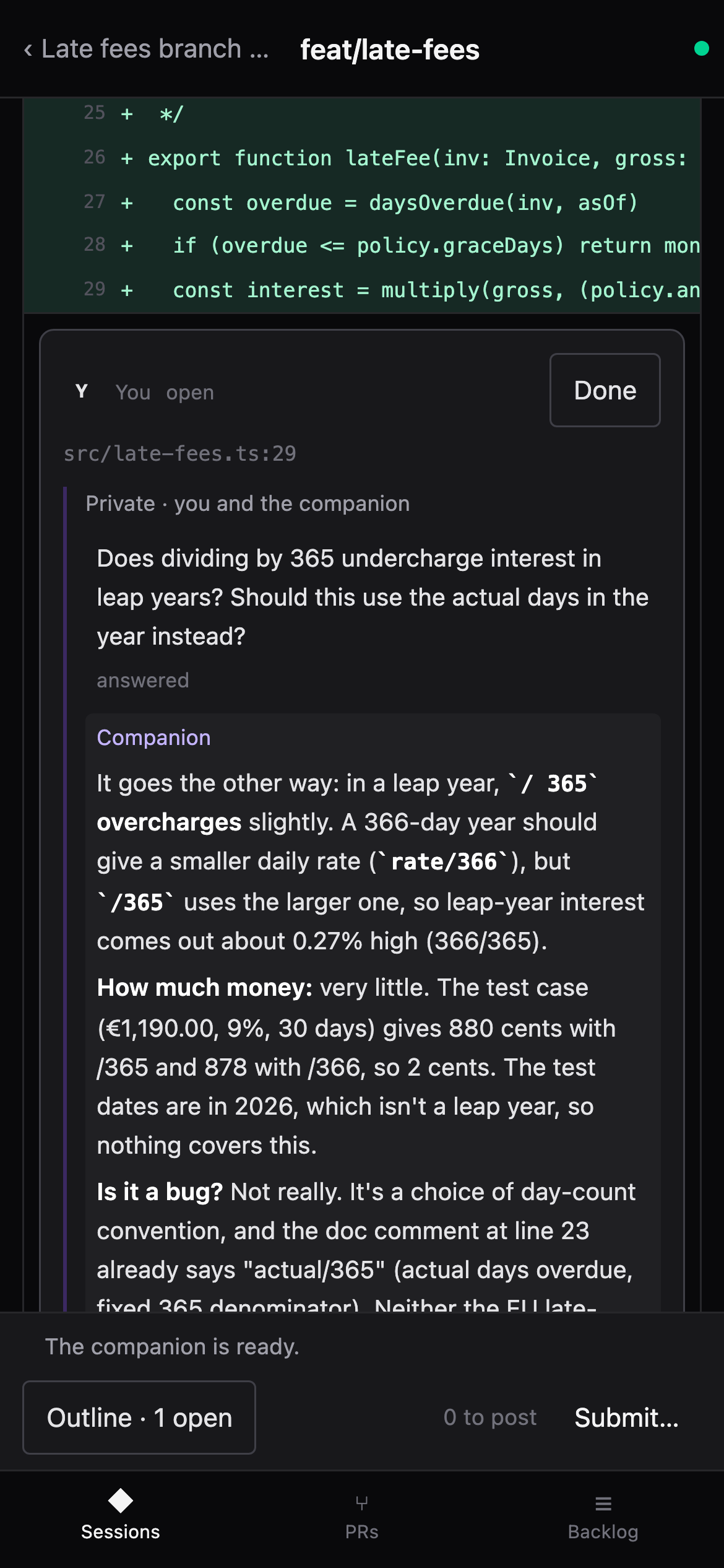 The Review Room on a phone with a companion answer in a thread