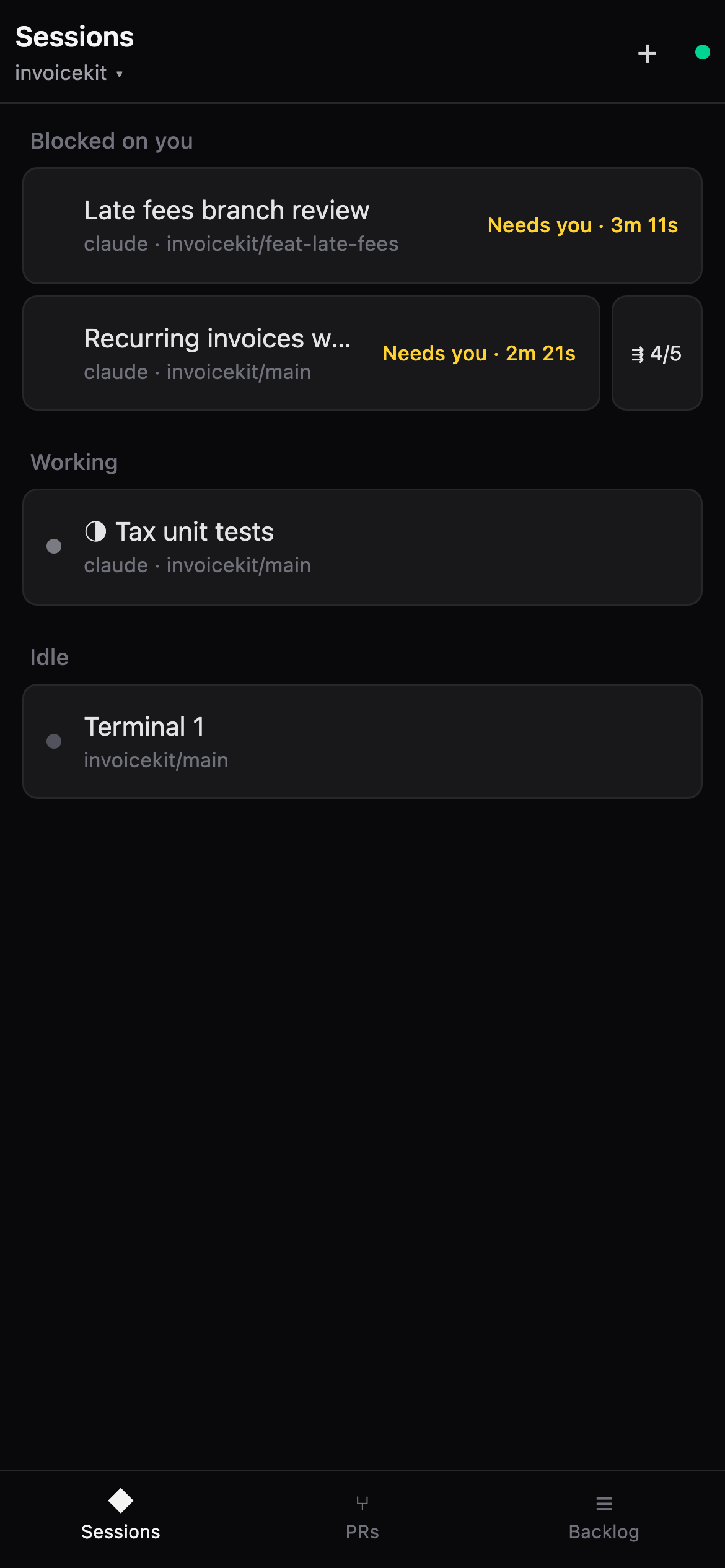 The Sessions screen on a phone with one agent waiting for you