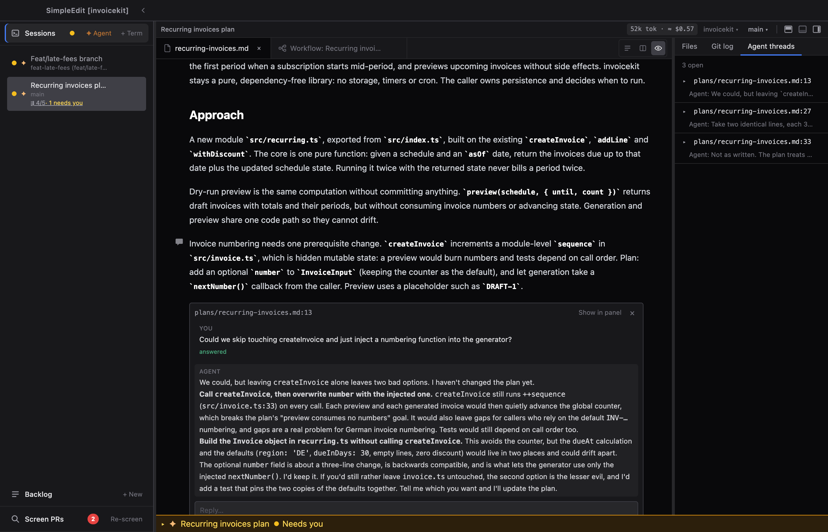 A plan doc in the rendered markdown view with agent threads under its paragraphs