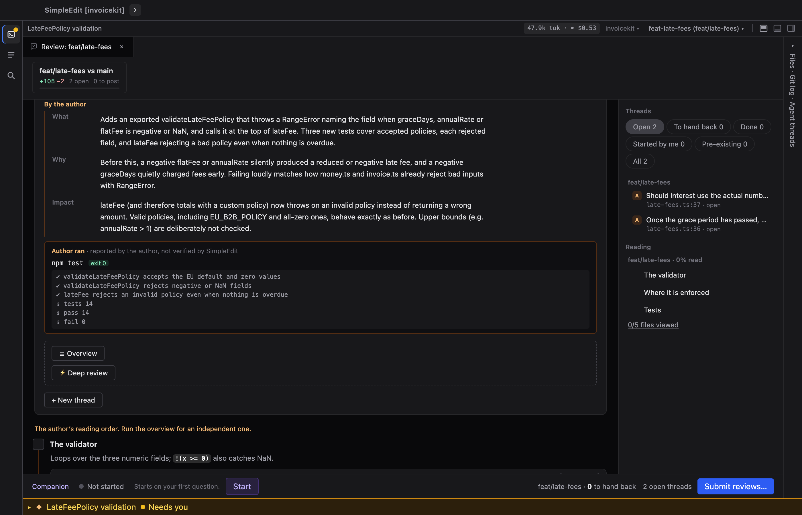 A Review Room the author agent opened for its branch: its what, why and impact, the npm test run it reports under "Author ran", its two questions as threads on lines of late-fees.ts, and the start of its reading order