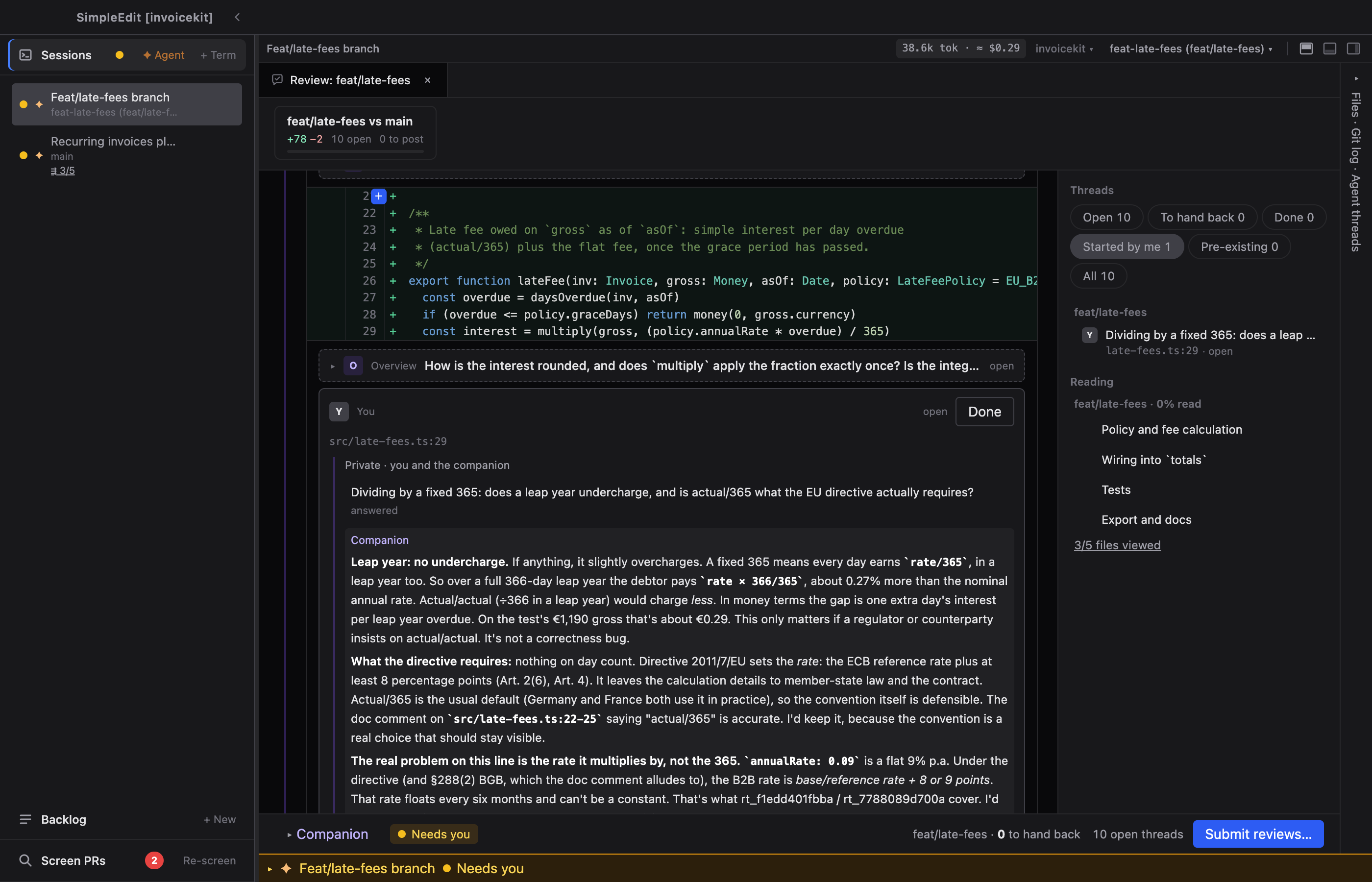 The SimpleEdit Review Room with a PR stack, its reading order and a thread with the companion agent