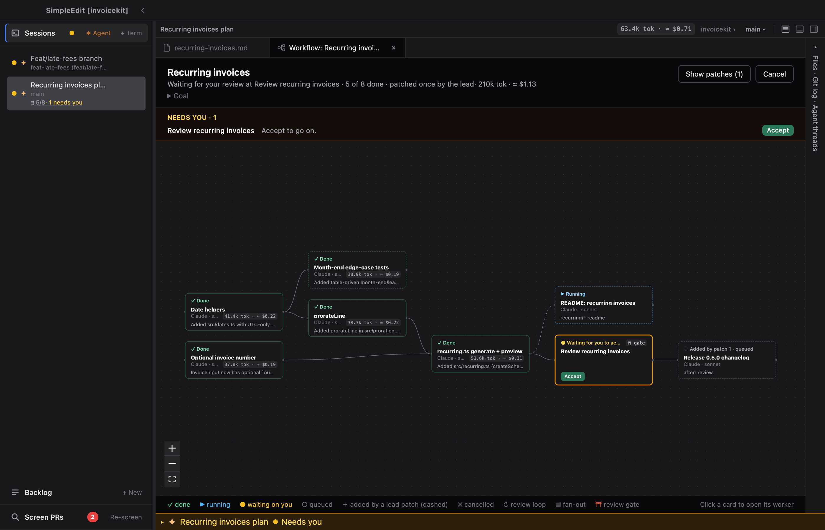 The Workflow tab with a live task graph, a running worker and a review gate